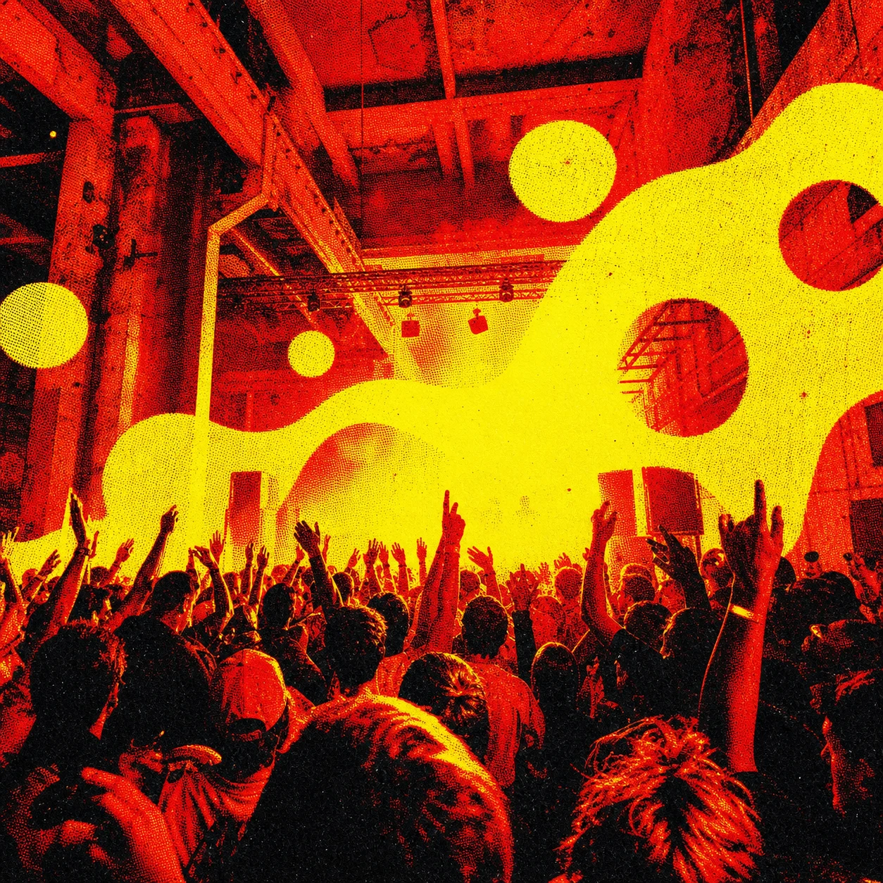 Crowd inside an industrial festival space rendered as a red and yellow risograph